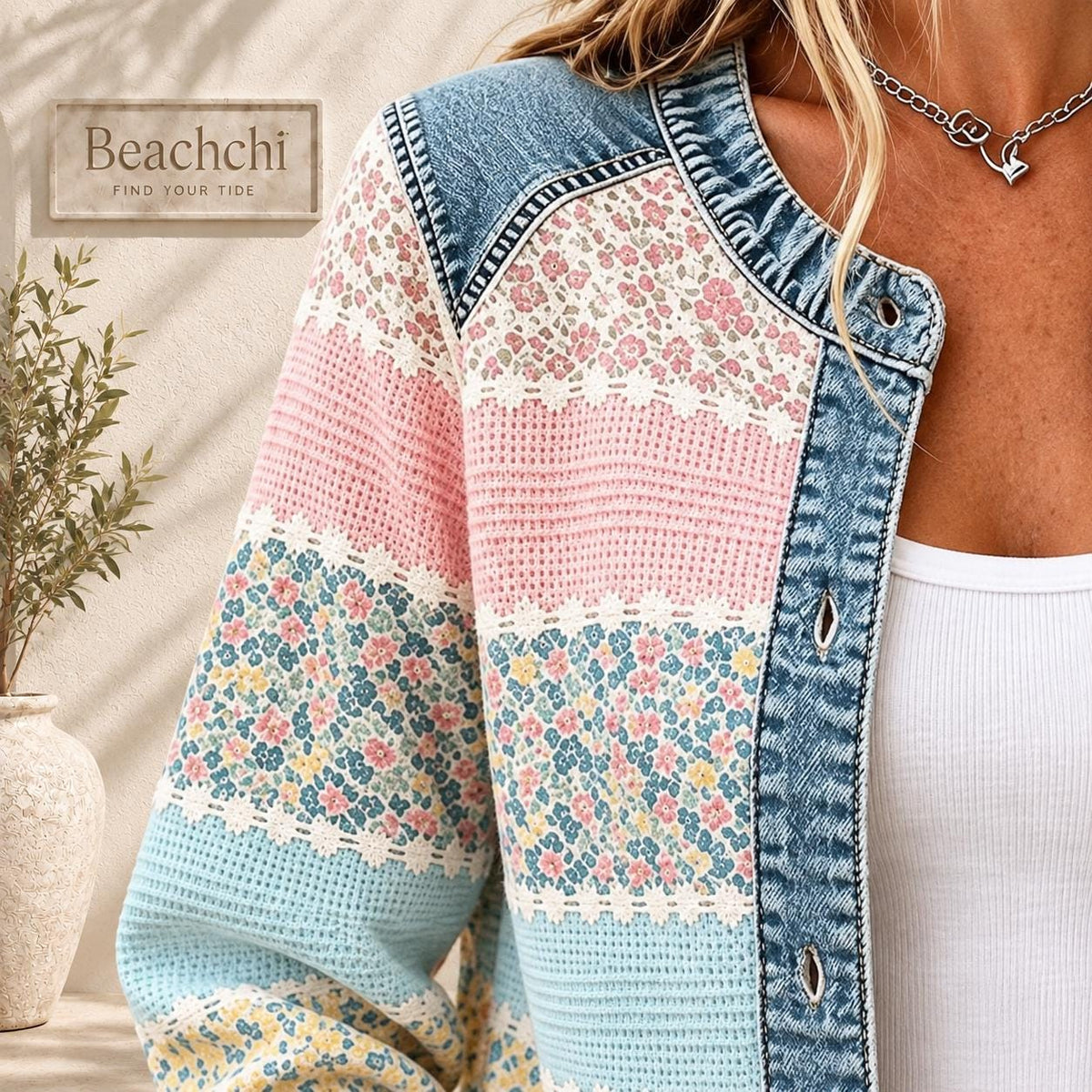 Pastel Floral Patchwork Jacket, Denim Trim Button Front Cardigan, Coastal Lightweight Jacket, Women’s Spring Layer S-3XL