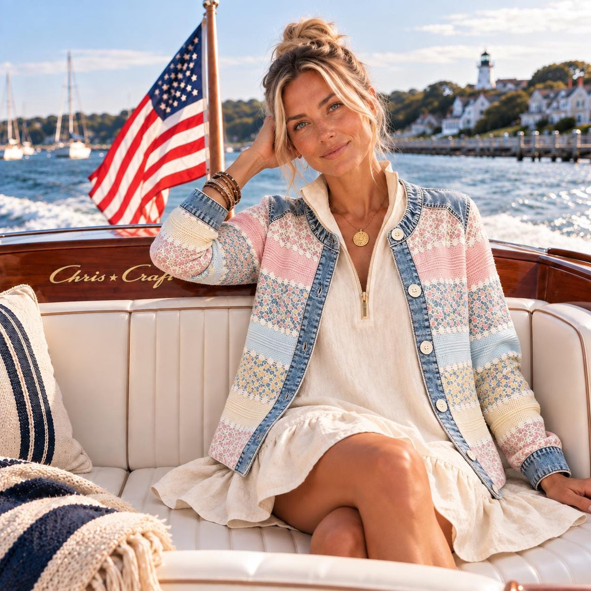 Pastel Floral Patchwork Jacket, Denim Trim Button Front Cardigan, Coastal Lightweight Jacket, Women’s Spring Layer S-3XL
