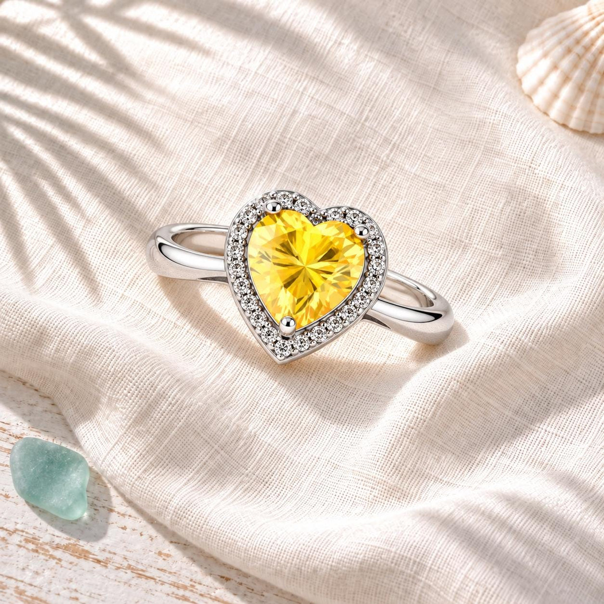 Yellow Heart Moissanite Ring, Platinum Plated 925 Sterling Silver, 0.5 CT VVS1 Heart Ring, Adjustable Promise Ring Gift
