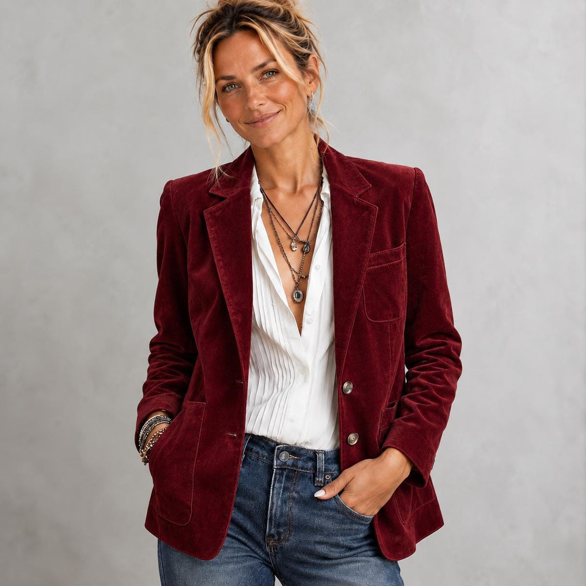 Women’s Faux Suede Blazer, Burgundy Brown Fall Jacket, Slim Fit Long Sleeve Blazer, Plus Sizes S-3XL