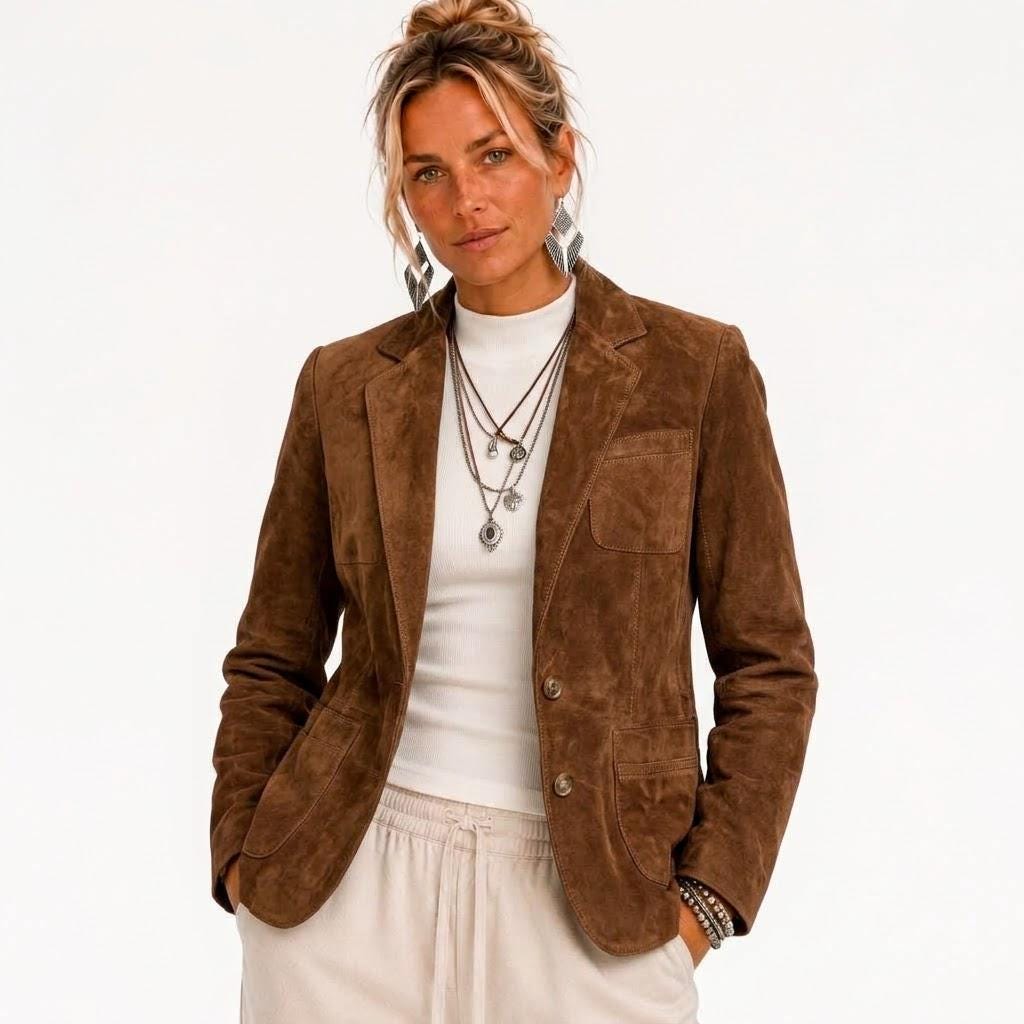 Women’s Faux Suede Blazer, Burgundy Brown Fall Jacket, Slim Fit Long Sleeve Blazer, Plus Sizes S-3XL
