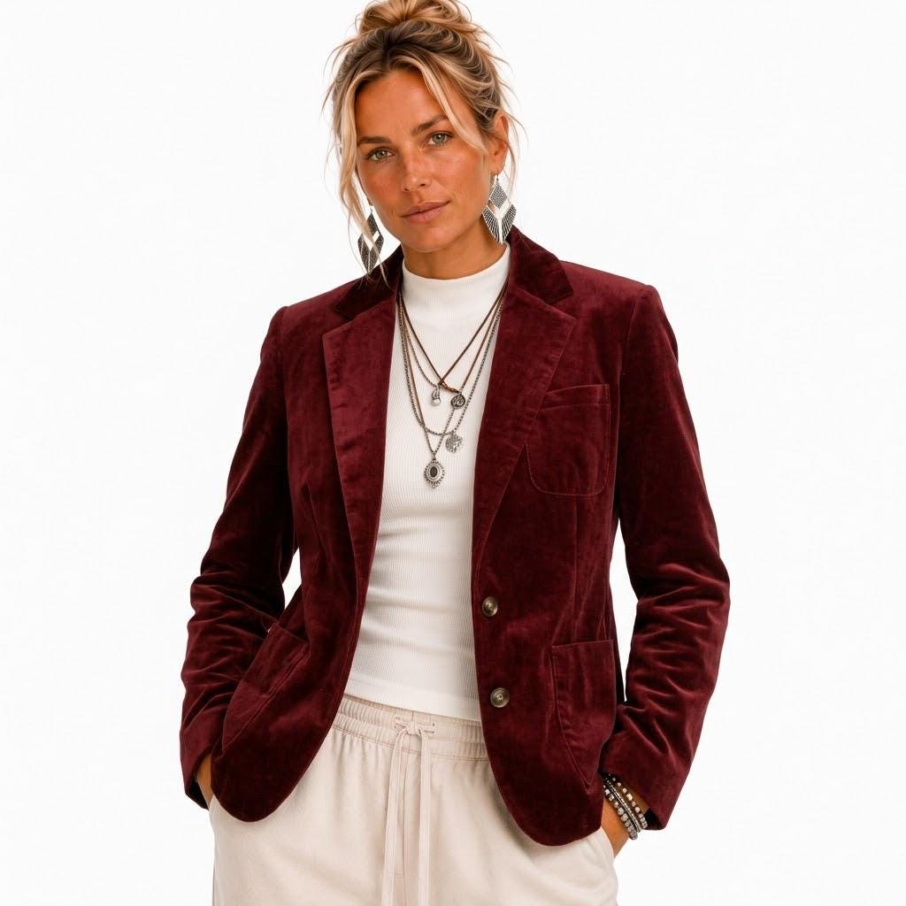 Women’s Faux Suede Blazer, Burgundy Brown Fall Jacket, Slim Fit Long Sleeve Blazer, Plus Sizes S-3XL