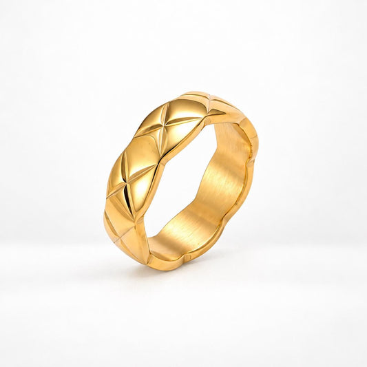 18K Gold Plated Twisted Band Ring, Textured Stainless Steel, Statement Jewelry