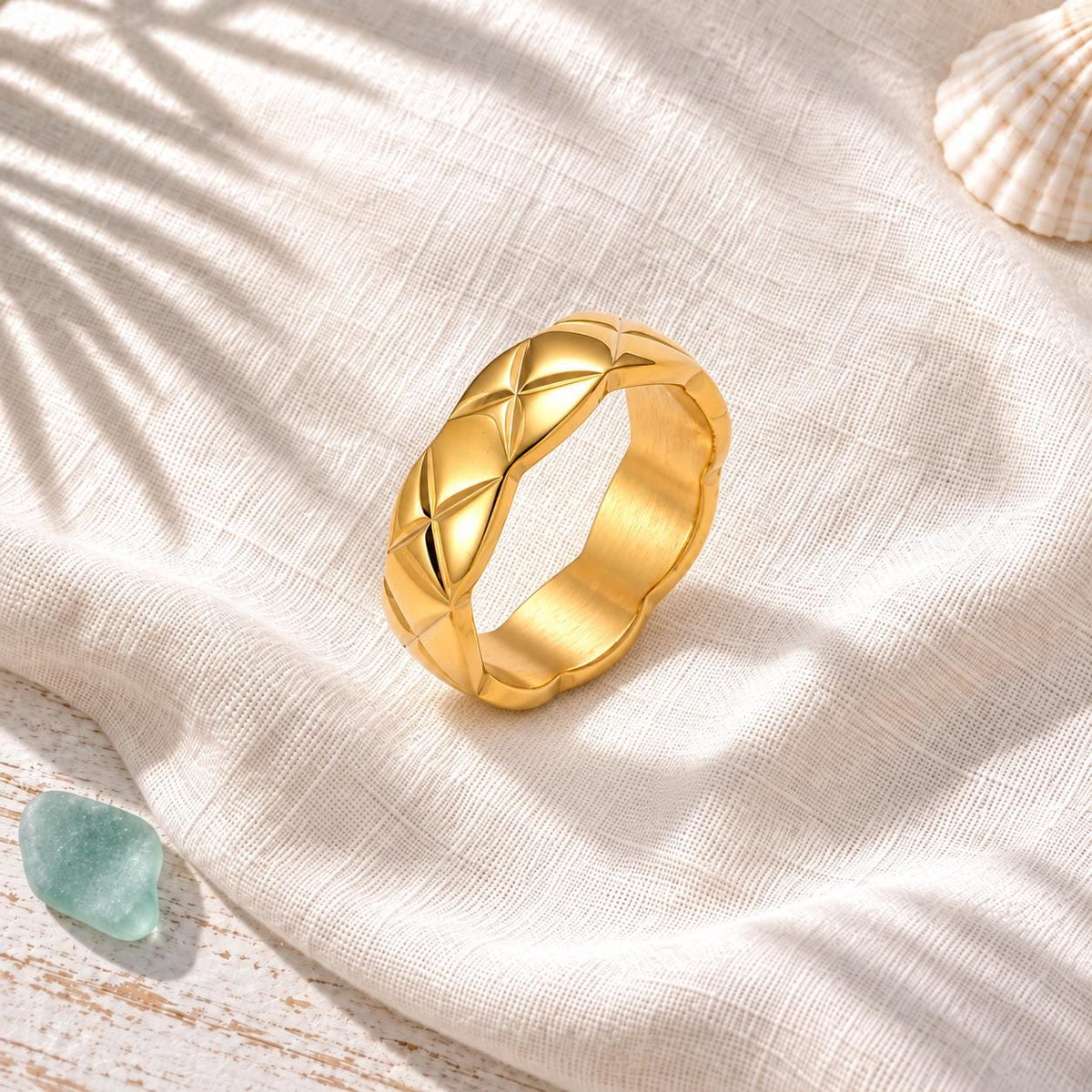 18K Gold Plated Twisted Band Ring, Textured Stainless Steel, Statement Jewelry