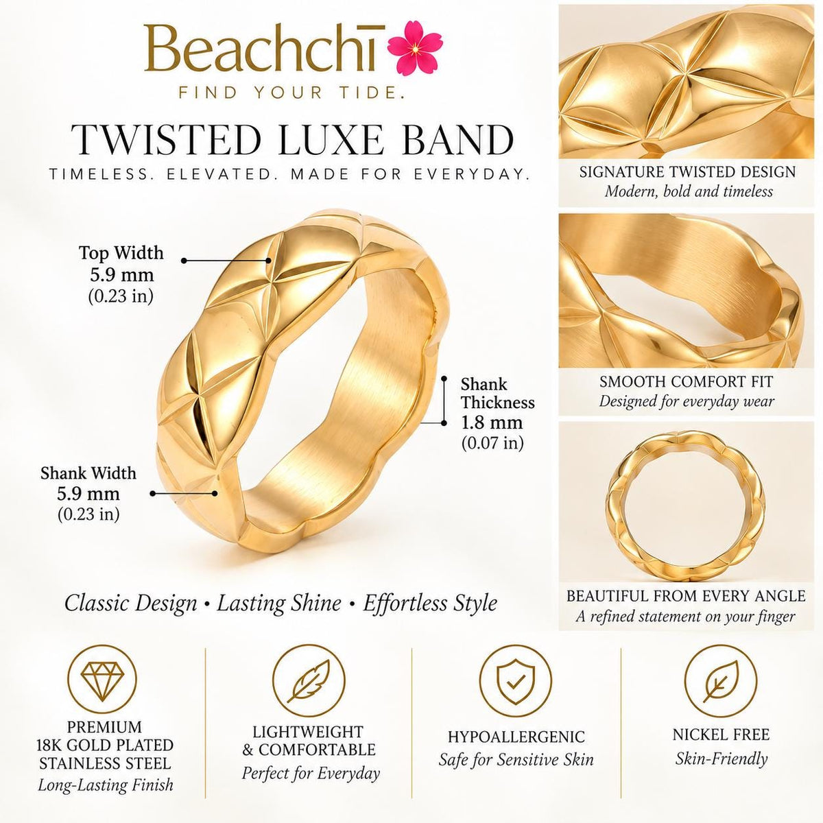 18K Gold Plated Twisted Band Ring, Textured Stainless Steel, Statement Jewelry