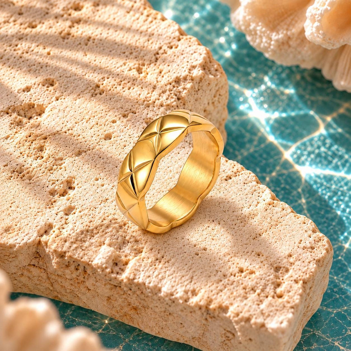18K Gold Plated Twisted Band Ring, Textured Stainless Steel, Statement Jewelry