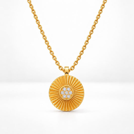 18K Gold Plated Sterling Silver Sunburst Pendant Necklace, CZ Medallion, Celestial Jewelry