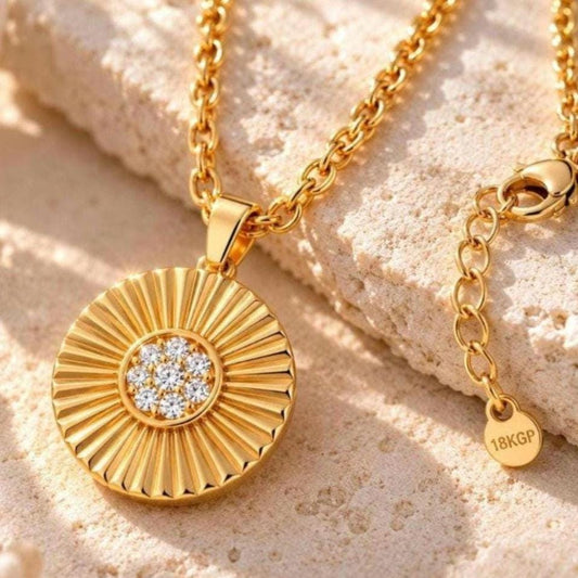 18K Gold Plated Sterling Silver Sunburst Pendant Necklace, CZ Medallion, Celestial Jewelry