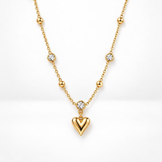 Crystal Heart Charm Necklace: 14K Gold-Plated Stainless Steel, Bezel-Set Crystal Accents