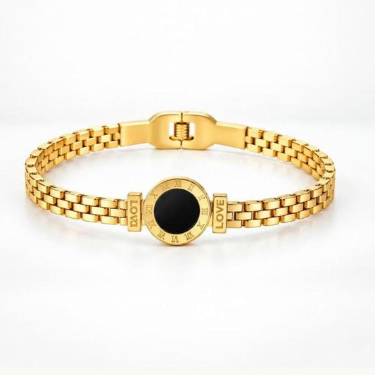 Black Mother of Pearl Bracelet, 18K Gold Mesh Bracelet, Roman Numeral Jewelry, Elegant Gift for Her