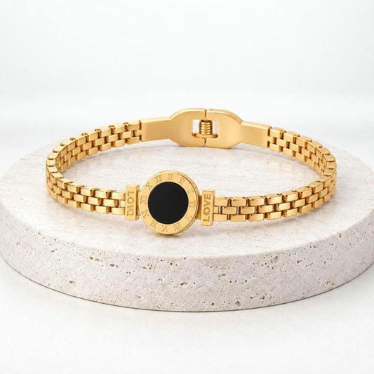 Black Mother of Pearl Bracelet, 18K Gold Mesh Bracelet, Roman Numeral Jewelry, Elegant Gift for Her