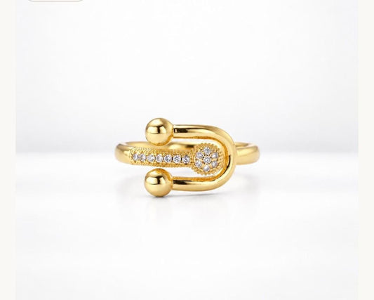 18K Gold Plated Safety Pin Ring, Cubic Zirconia Statement Jewelry