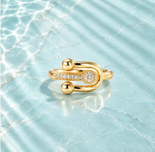 18K Gold Plated Safety Pin Ring, Cubic Zirconia Statement Jewelry