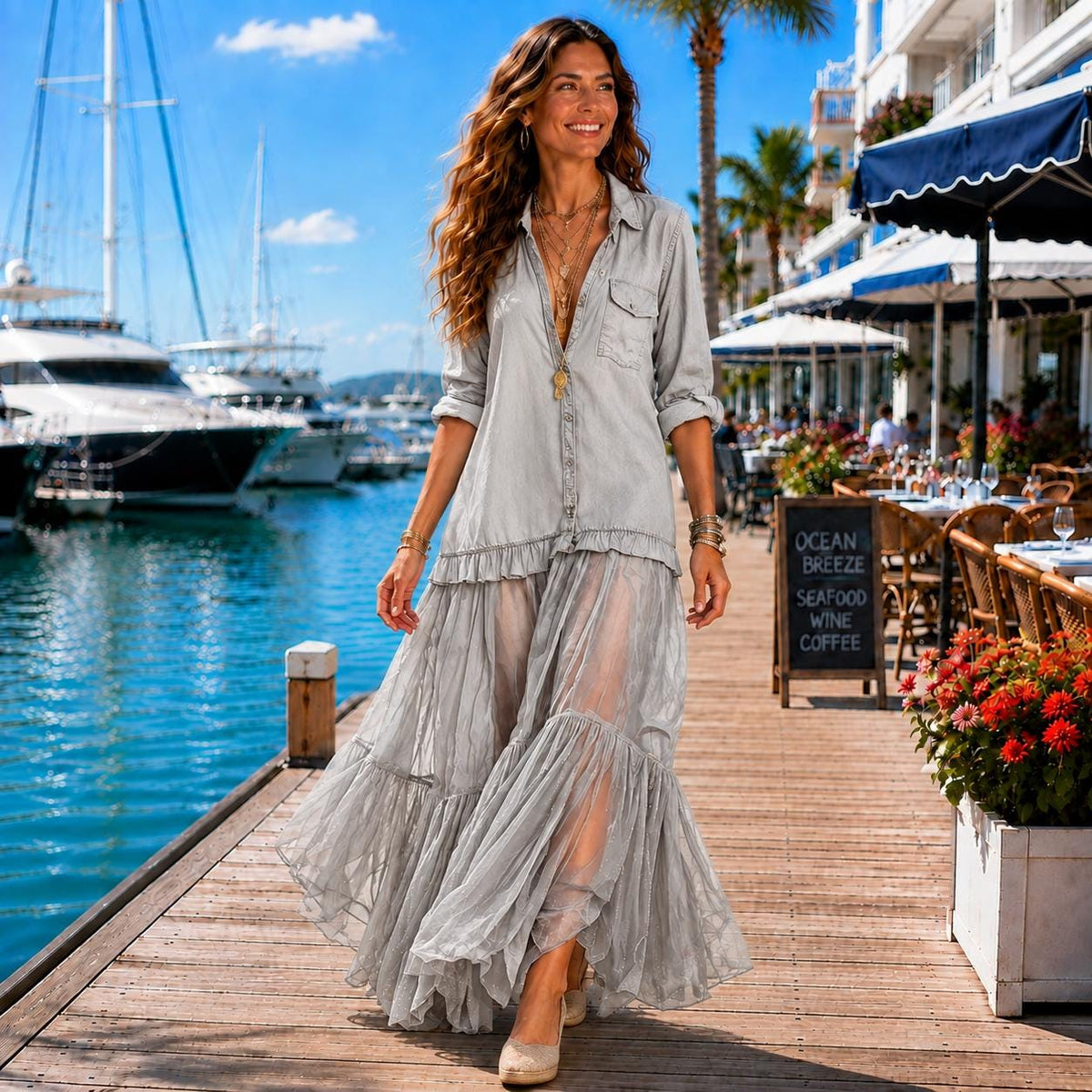 Sheer Ruffle Maxi Dress, Boho Button Front Dress, Coastal Resort Dress, Long Sleeve Tiered Maxi, Beach Vacation Dress