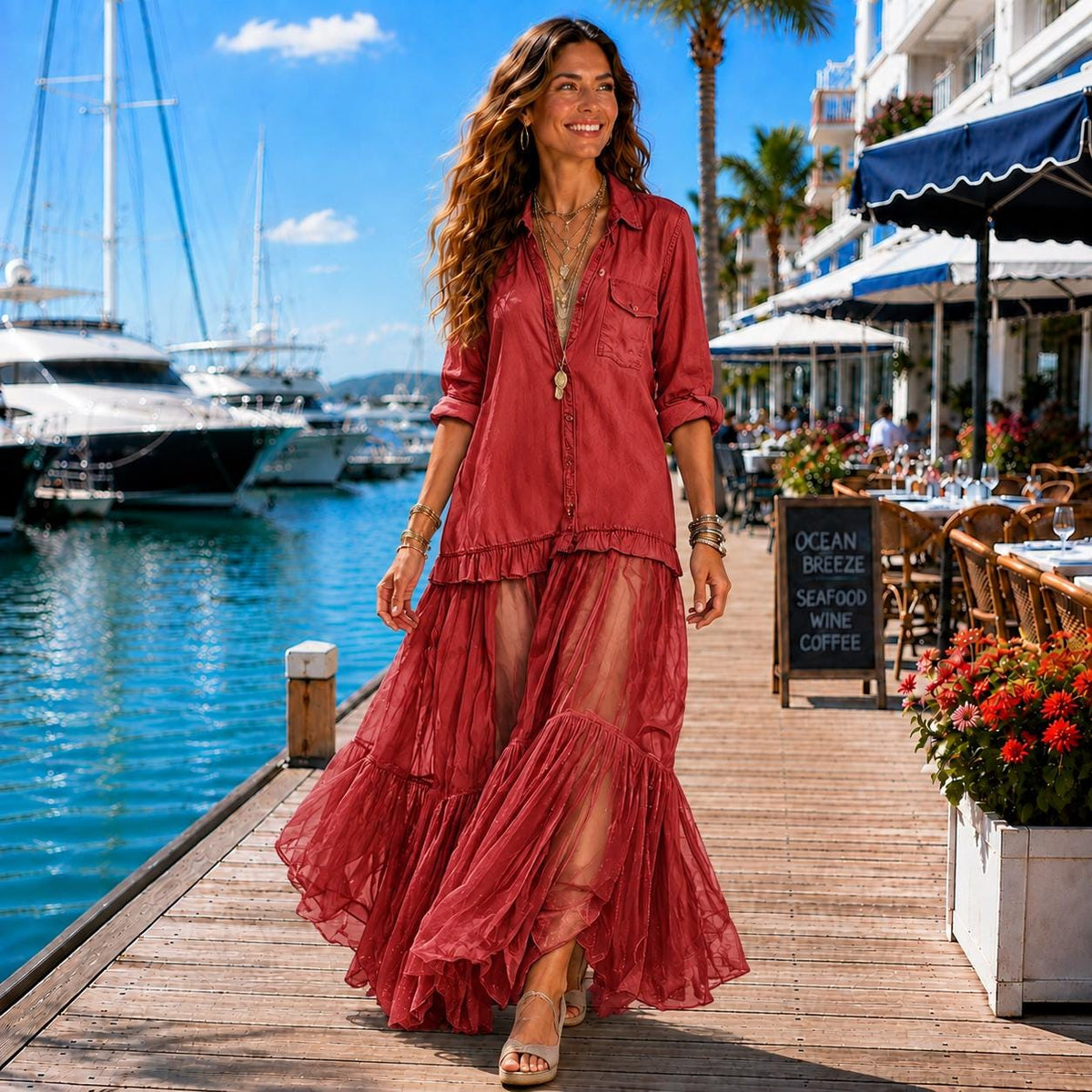Sheer Ruffle Maxi Dress, Boho Button Front Dress, Coastal Resort Dress, Long Sleeve Tiered Maxi, Beach Vacation Dress