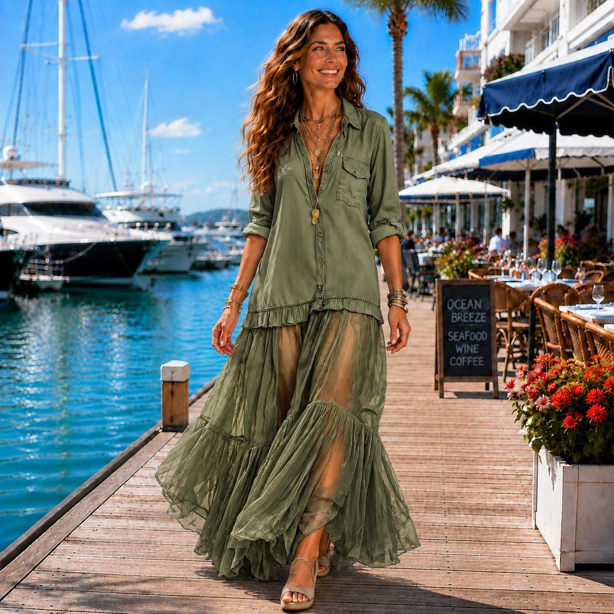 Sheer Ruffle Maxi Dress, Boho Button Front Dress, Coastal Resort Dress, Long Sleeve Tiered Maxi, Beach Vacation Dress