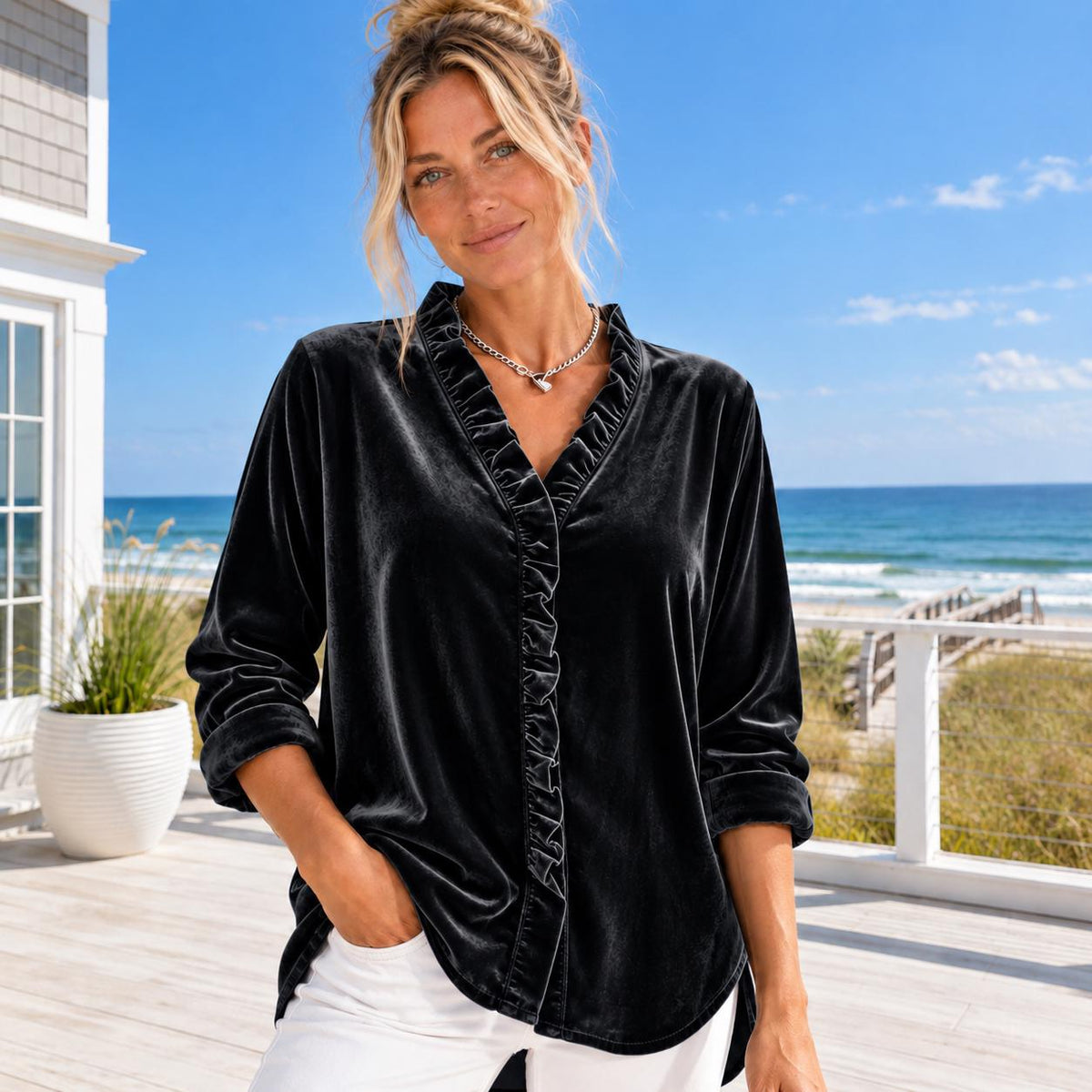 Velvet Ruffle V Neck Blouse, Women's Long Sleeve Velvet Top, Boho Holiday Party Blouse, Dressy Fall Top