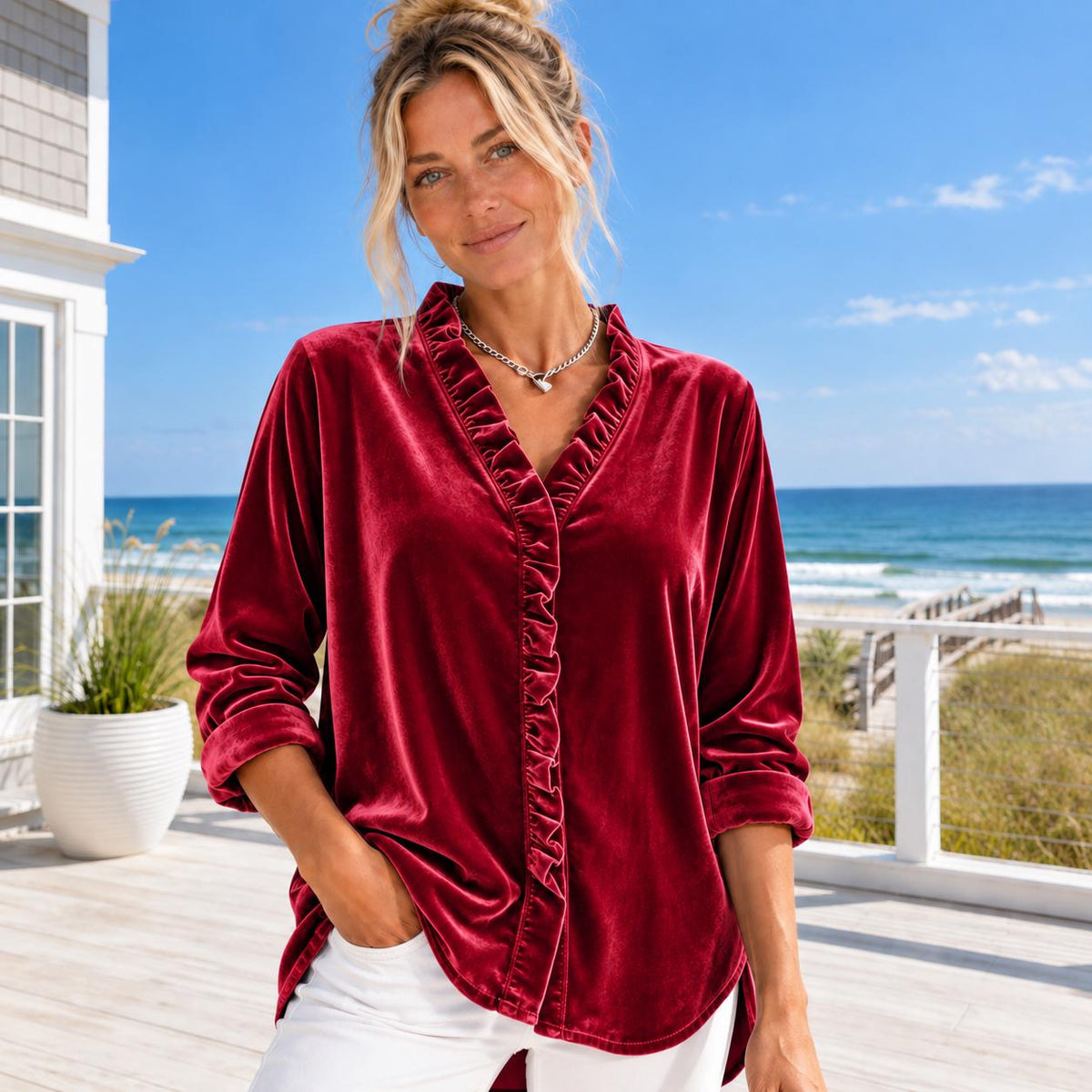 Velvet Ruffle V Neck Blouse, Women's Long Sleeve Velvet Top, Boho Holiday Party Blouse, Dressy Fall Top