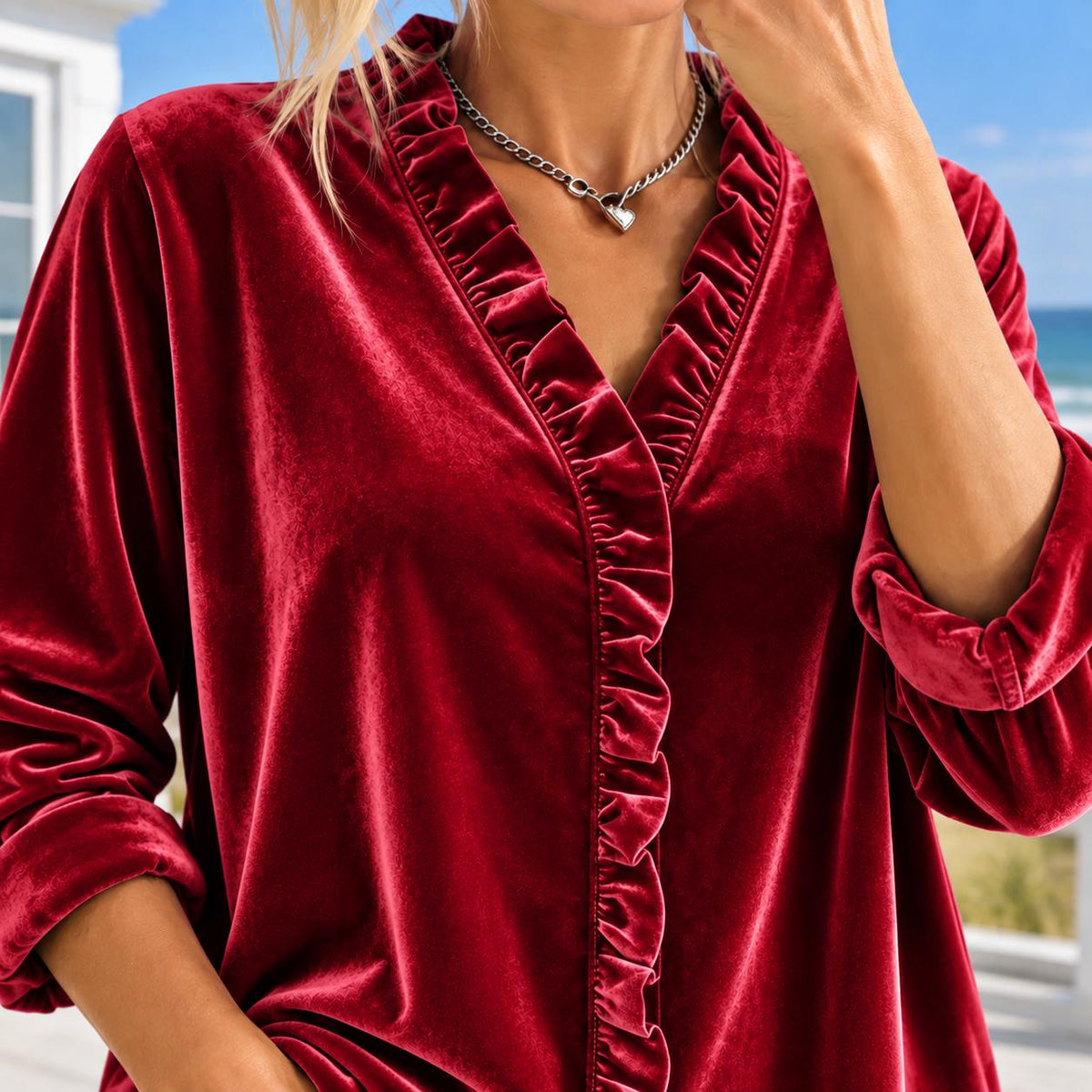 Velvet Ruffle V Neck Blouse, Women's Long Sleeve Velvet Top, Boho Holiday Party Blouse, Dressy Fall Top