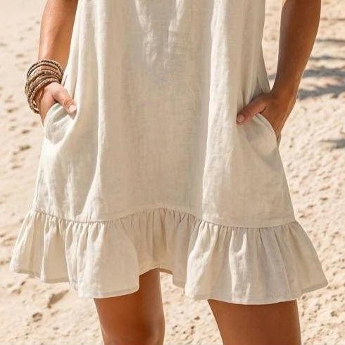 Cream Ruffle Mini Dress, Sleeveless Zipper Neck Mini Dress with Pockets, Ruffle Hem Dress