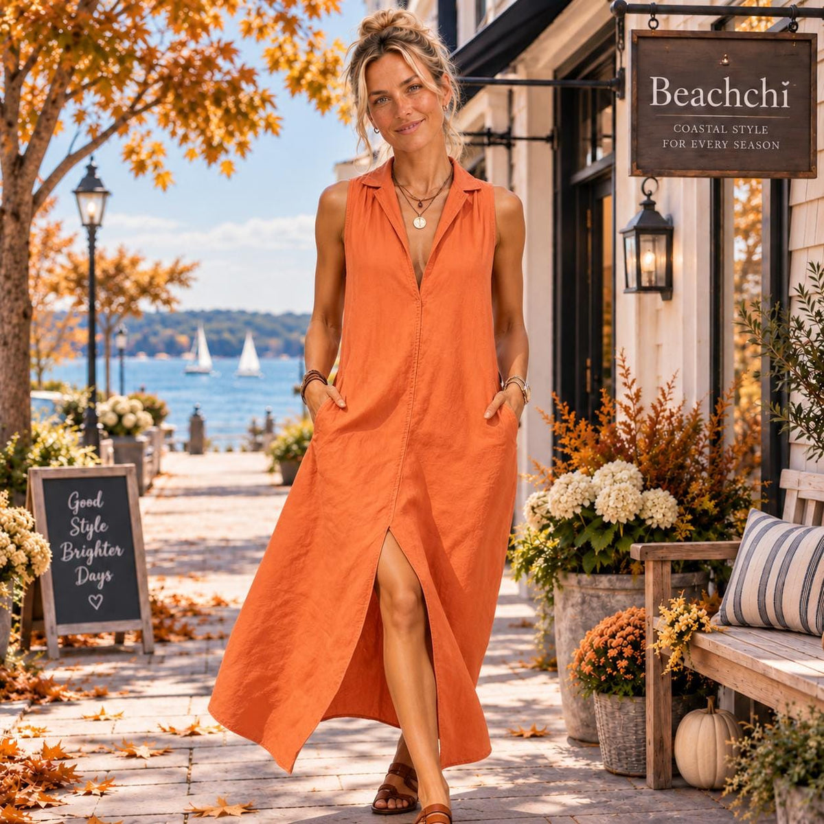 Sleeveless Maxi Dress with Pockets, Collared V Neck Resort Dress, Casual Coastal Maxi Dress, Vacation Dres