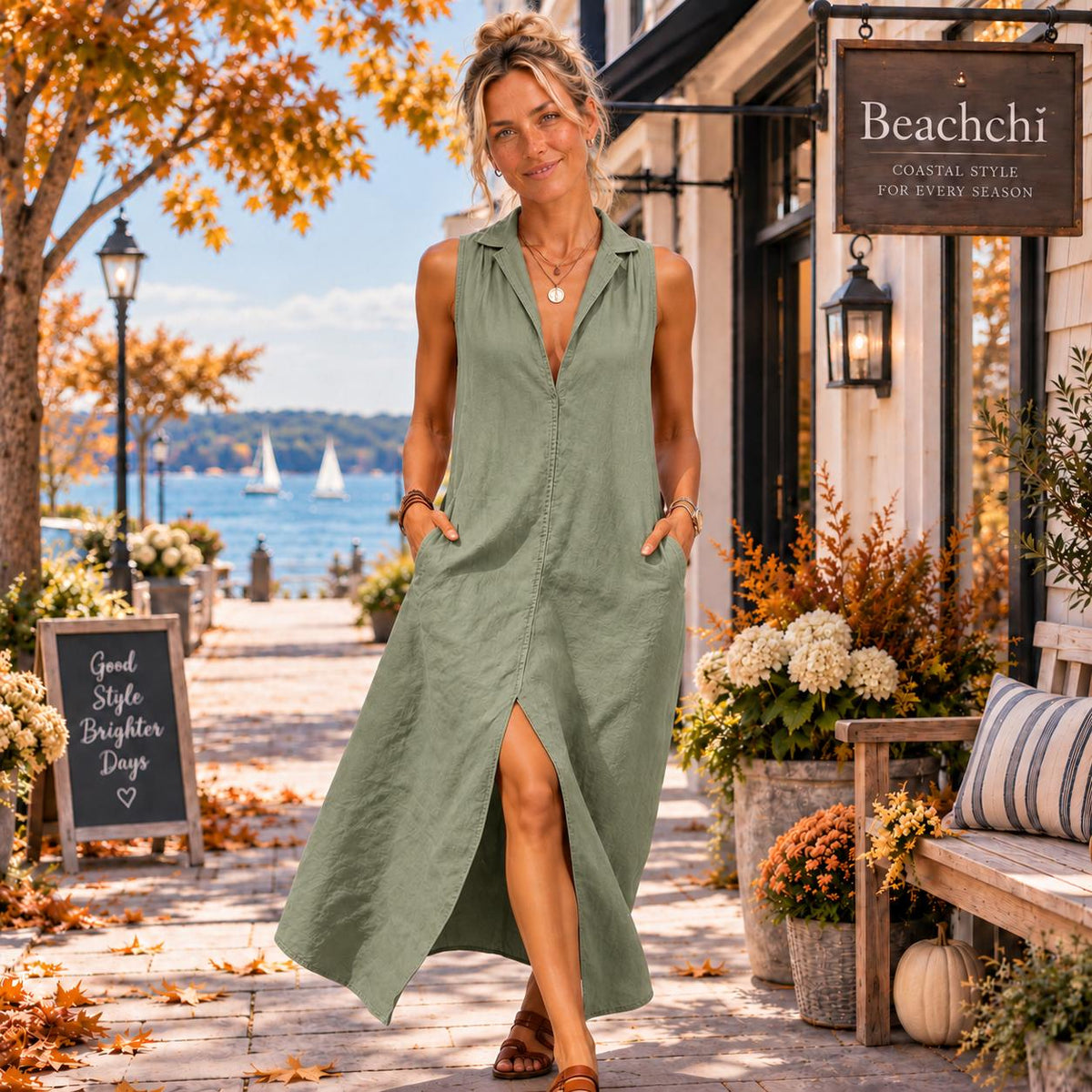 Sleeveless Maxi Dress with Pockets, Collared V Neck Resort Dress, Casual Coastal Maxi Dress, Vacation Dres