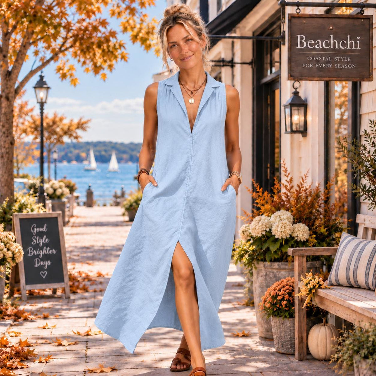 Sleeveless Maxi Dress with Pockets, Collared V Neck Resort Dress, Casual Coastal Maxi Dress, Vacation Dres