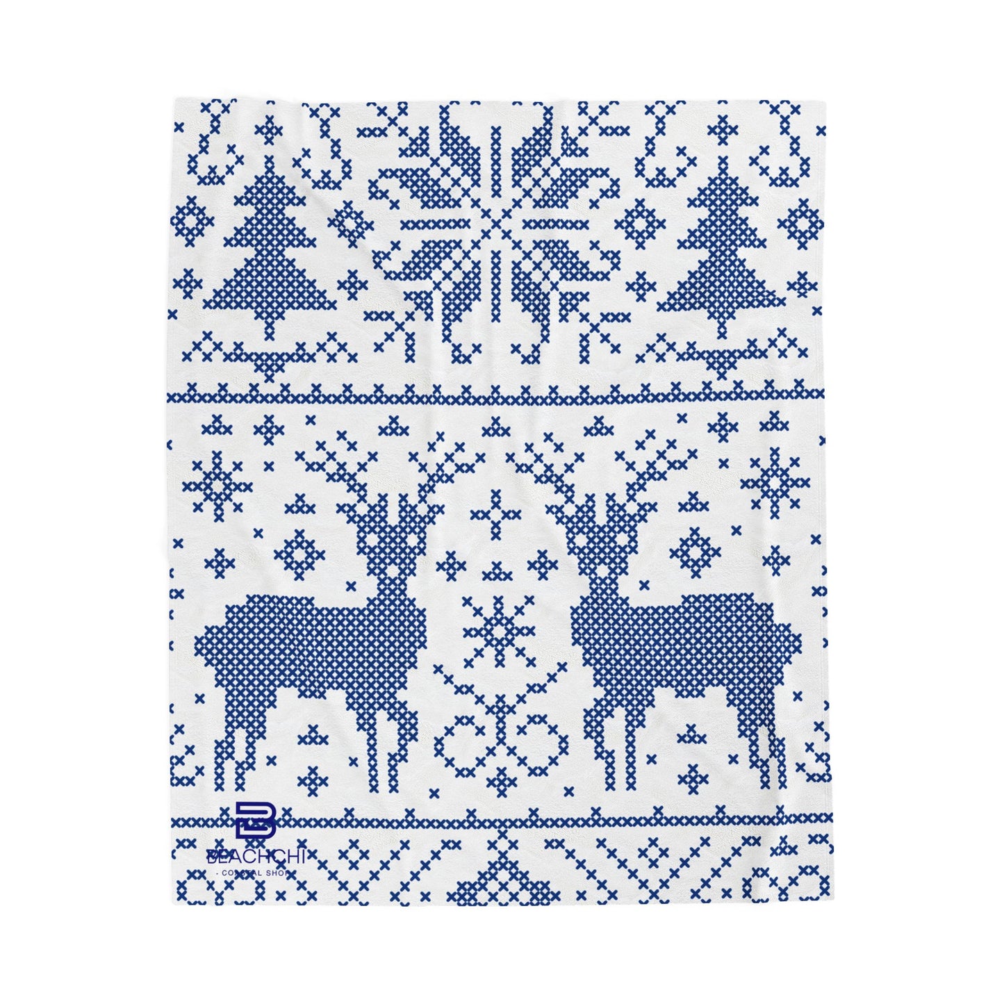 Blue Snowflake Holiday Plush Blanket, Cozy Winter Decor, Soft Throw Blanket, Reindeer Pattern, Festive Gift