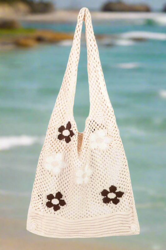 Beach Bag, Beach Tote, Flower Pattern Purse, Knitted Tote Bag, Beachchi Bag, Mesh Bag, Vacation Wear Beachwear, Everyday Tote, Accessory Vacation Bag, Resort Wear