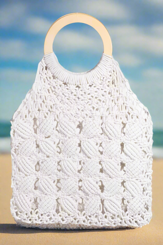 Boho Braided Wooden Top Handle Bag, Women's Bags, Beachchi Bag, Vacation Purse, Beach Bag, Round Handle Crochet Bag