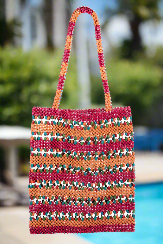 Colorful Summer Bag, Contrast Wooden Beaded Tote Bag, Beachchi Tote, Beach Bag, Tote, Vacation Accessory, Beaded Bag