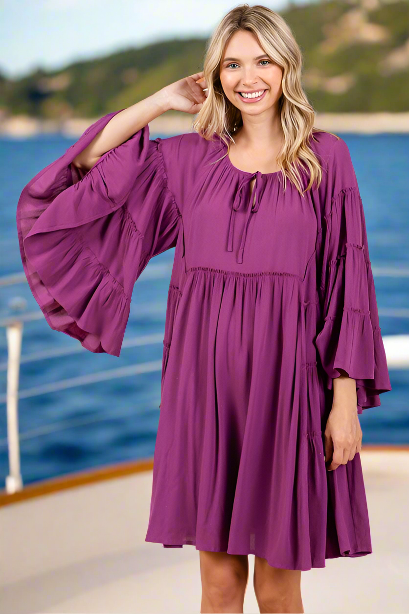 Beachchi Sundress,  Resort Wear, Women's Mini Dress, Frill Tie Neck Bell Sleeve Dress. Vacation Wear,  Beachwear, Summer Sundress, Beachchi Dress, Women's Sundress