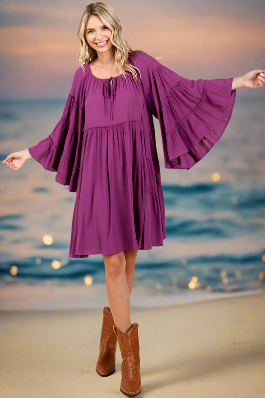 Beachchi Sundress,  Resort Wear, Women's Mini Dress, Frill Tie Neck Bell Sleeve Dress. Vacation Wear,  Beachwear, Summer Sundress, Beachchi Dress, Women's Sundress