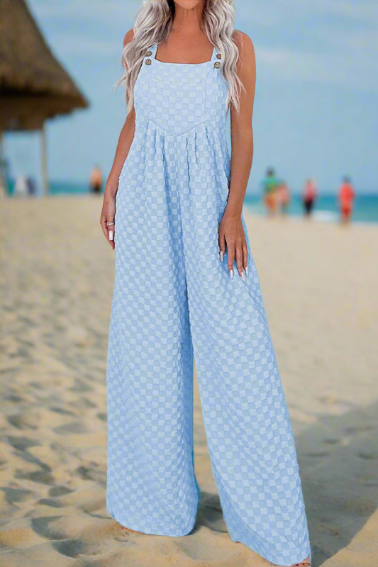Beachchi Overalls, Resort Wear, Women's Summer Overalls, Sea Blue Overalls,  Checkered Pocketed Wide Leg Overalls, Vacation Clothing, Beach Coverup, Beachchi Coverup, Women's Casual Clothing