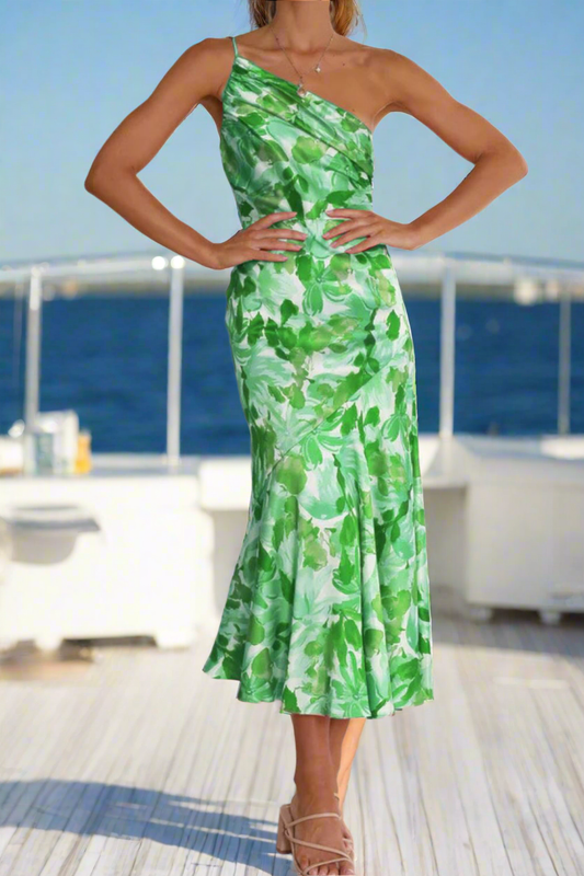 Women's Midi Dress, Single Shoulder Midi Dress, Rushed Summer Dress, Tropical Dress, Vacation Wear,  Beachchi Sundress, Evening Dress, Opaque Sundress