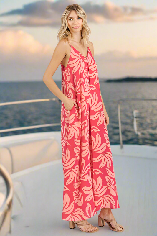 Beachchi Sundress, Resort Wear, Maxi Dress, Tropical Printed Dress, Women's Summer Dress. V-Neck Maxi Dress, Cami Dress with Pockets, Vacation Wear, Beachwear