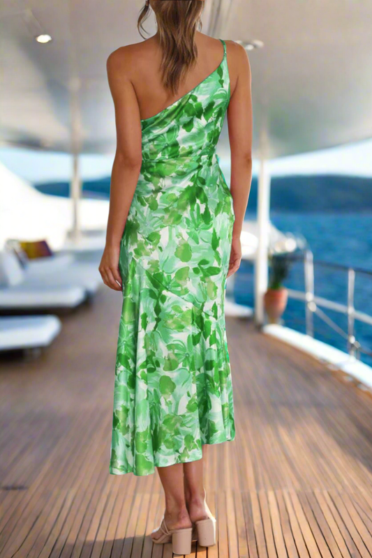 Women's Midi Dress, Single Shoulder Midi Dress, Rushed Summer Dress, Tropical Dress, Vacation Wear,  Beachchi Sundress, Evening Dress, Opaque Sundress