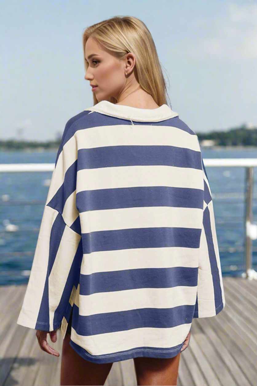 Oversized T-Sirt, Beachchi Coverup, Vacation Wear  Beachwear, Everyday Wear Shirt, Striped Johnny Collar Long Sleeve T-Shirt, Women's Coverup