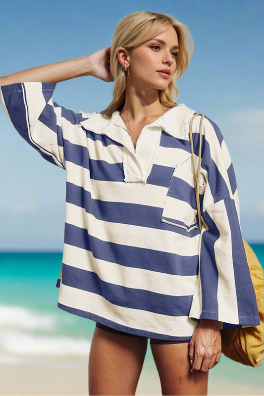 Oversized T-Sirt, Beachchi Coverup, Vacation Wear  Beachwear, Everyday Wear Shirt, Striped Johnny Collar Long Sleeve T-Shirt, Women's Coverup