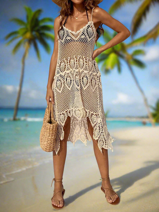 Beachchi Coverup, Stylish Beach Coverup, Elegant Coverup, Lace Coverup, Vacation Dress, Beachwear, Swimsuit Cover-Up  Scoop Neck Spaghetti Strap Cover-Up Dress