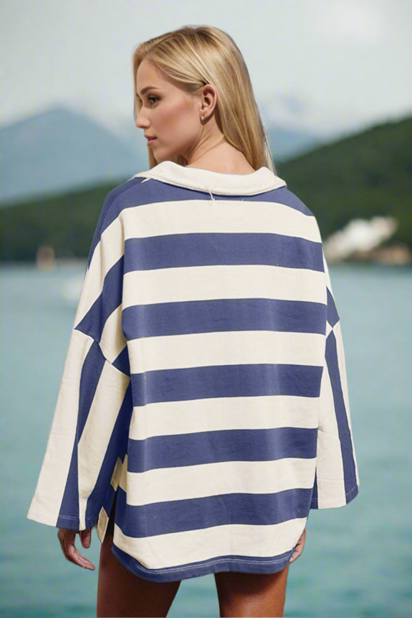 Oversized T-Sirt, Beachchi Coverup, Vacation Wear  Beachwear, Everyday Wear Shirt, Striped Johnny Collar Long Sleeve T-Shirt, Women's Coverup