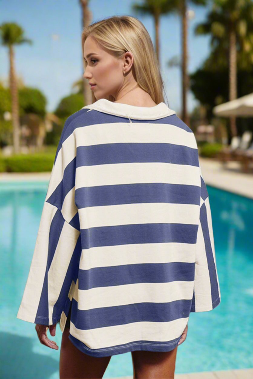 Oversized T-Sirt, Beachchi Coverup, Vacation Wear  Beachwear, Everyday Wear Shirt, Striped Johnny Collar Long Sleeve T-Shirt, Women's Coverup