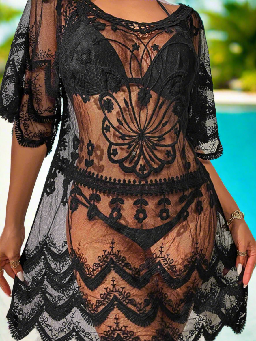Beachchi Coverup, Chic Lace Coverup, Swimsuit Coverup, Round Neck Half Sleeve Cover-Up, Beach Dress, Vacation Wear, Beachwear