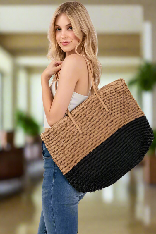 Woven Tote Bag, Black and Tan Beach Bag, Straw Braided Beach Tote Bag,Beachchi Tote, Vacation Accessory Beach Bag, Summer Tote Bag