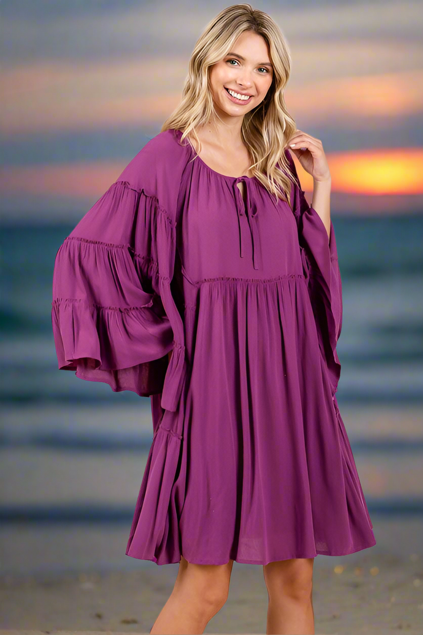 Beachchi Sundress,  Resort Wear, Women's Mini Dress, Frill Tie Neck Bell Sleeve Dress. Vacation Wear,  Beachwear, Summer Sundress, Beachchi Dress, Women's Sundress
