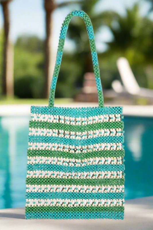 Colorful Summer Bag, Contrast Wooden Beaded Tote Bag, Beachchi Tote, Beach Bag, Tote, Vacation Accessory, Beaded Bag