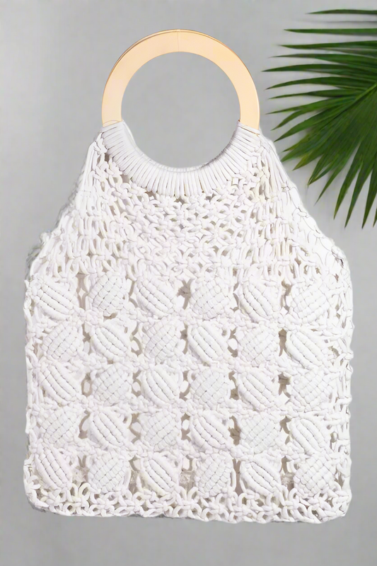 Boho Braided Wooden Top Handle Bag, Women's Bags, Beachchi Bag, Vacation Purse, Beach Bag, Round Handle Crochet Bag