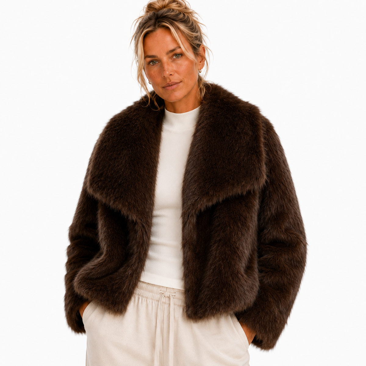Women's Luxe Faux Fur Jacket with Oversized Lapel