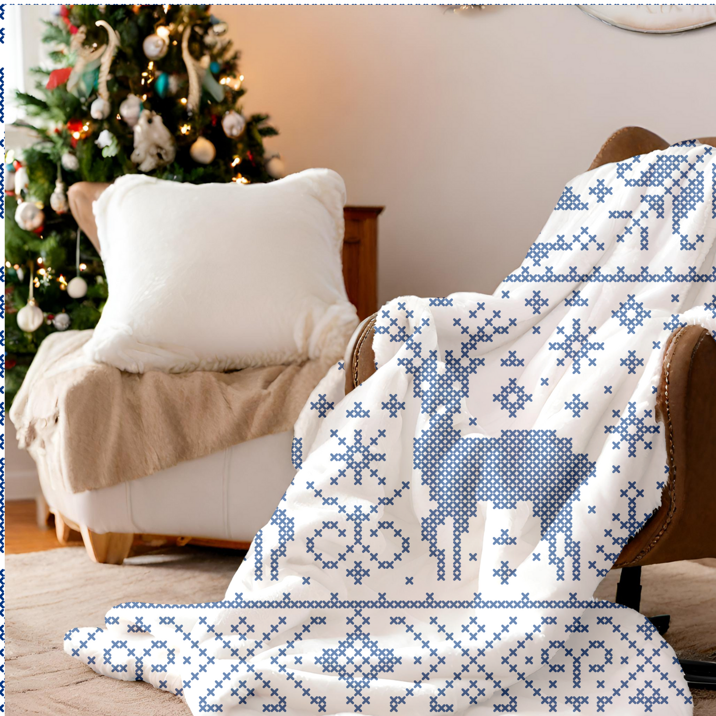 Blue Snowflake Holiday Plush Blanket, Cozy Winter Decor, Soft Throw Blanket, Reindeer Pattern, Festive Gift