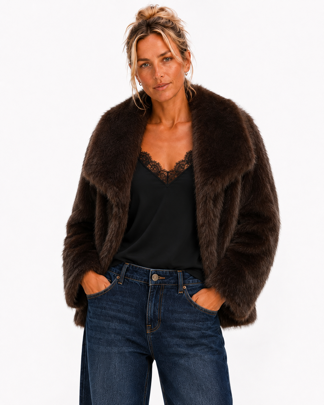 Women's Luxe Faux Fur Jacket with Oversized Lapel